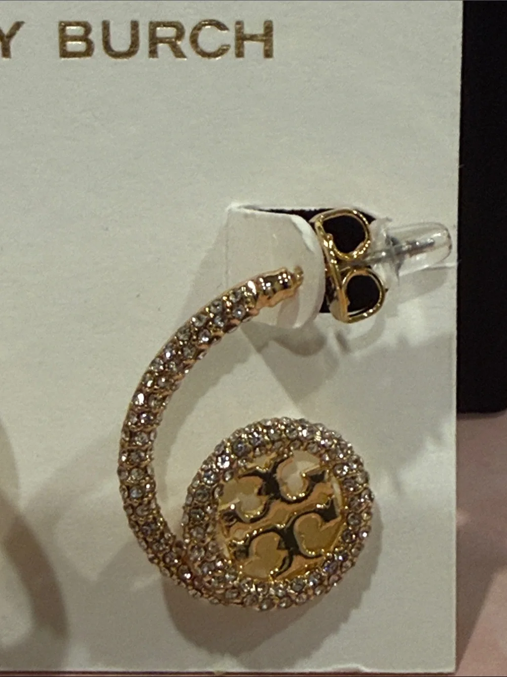 Tory Burch | Gold Plated & Pave Crystal Spiral Logo Drop Earrings | Medium